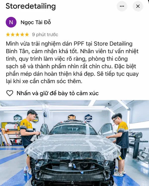 Ảnh chụp đánh giá 5 sao trên Google của khách hàng Ngọc Tài Đỗ về dịch vụ dán PPF Store Detailing