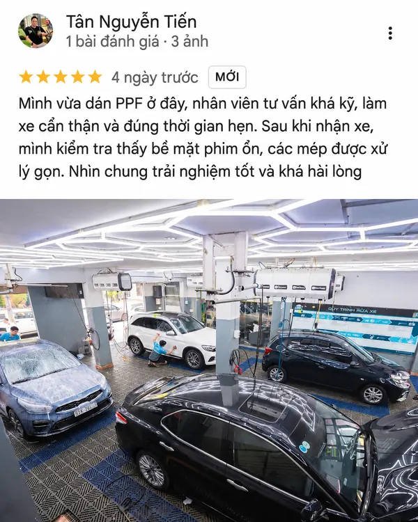 Ảnh chụp đánh giá 5 sao trên Google của khách hàng Tân Nguyễn Tiến về dịch vụ dán PPF Store Detailing