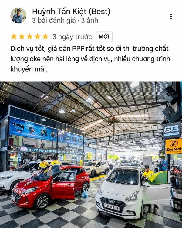 Ảnh chụp đánh giá 5 sao trên Google của khách hàng Huỳnh Tấn Kiệt về dịch vụ dán PPF Store Detailing