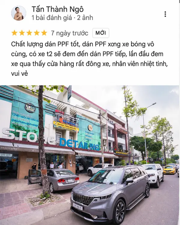 Ảnh chụp đánh giá 5 sao trên Google của khách hàng Tấn Thành Ngô về dịch vụ dán PPF Store Detailing